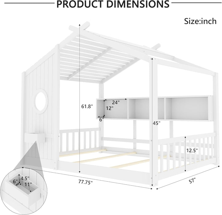 White Full Size Floor Bed Playhouse StorageShelves
