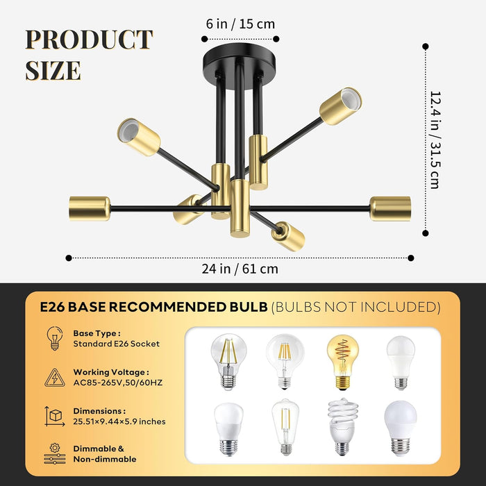 Modern Sputnik Chandelier Ceiling Light Fixtures, 6-Lights Mid Century Industrial Metal Semi Flush Mount Lamp for Bedroom Dining Room Living Room Kitchen Hallway Office-Black and Gold