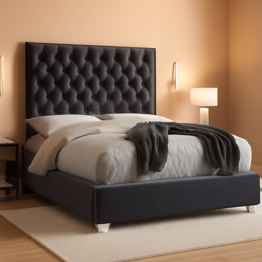 Lexi Collection Modern | Contemporary Velvet Upholstered Bed with Deep Tufting, Polished Chrome Stainless Steel Frame and Legs, Queen, Grey