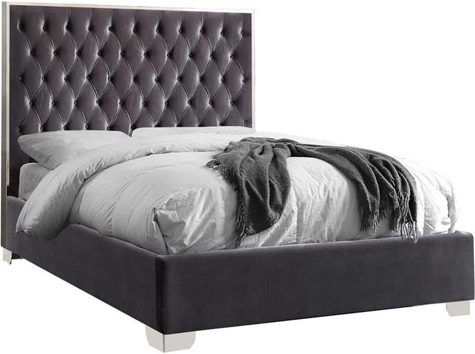 Lexi Collection Modern | Contemporary Velvet Upholstered Bed with Deep Tufting, Polished Chrome Stainless Steel Frame and Legs, Queen, Grey