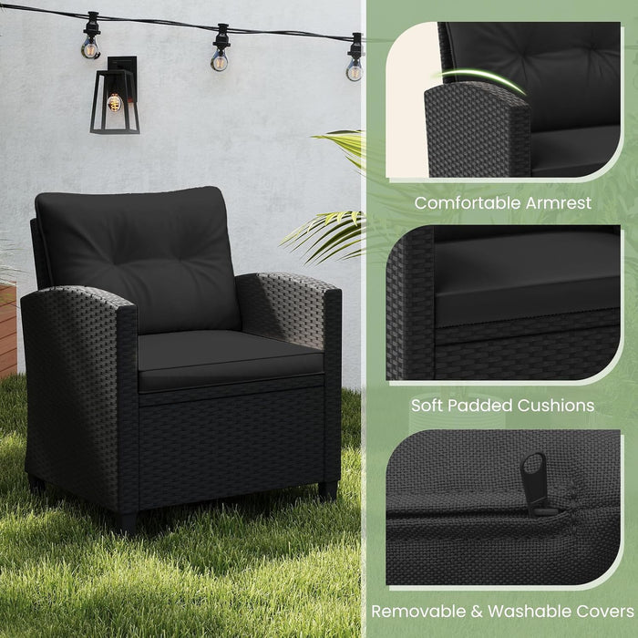 3 Pieces Patio Furniture Set, Wicker Conversation Set Outdoor Chairs with Cushions, Glass Coffee Table, Rattan Bistro Set for Front Porch Balcony Garden Deck Poolside (Black)