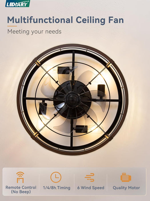 20" Caged Ceiling Fan with Light and Remote, Low Profile Flush Mount Fandelier, Walnut Bladeless Enclosed Small Fan Lights Ceiling Fixtures, Rustic Farmhouse Style for Bedroom, Outdoor