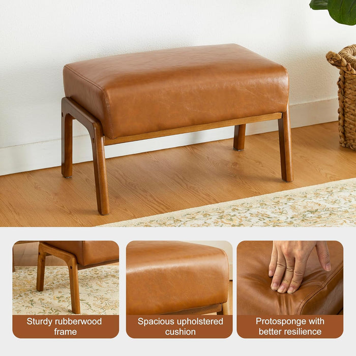 15.5"(H) Footrest Stool, Leatherette Ottoman, Accent Padded Sofa Foot Stool for Accent Chair, Wood Frame Foot Rest Ottoman for Living Room, Bedroom, Yellowish-Brown