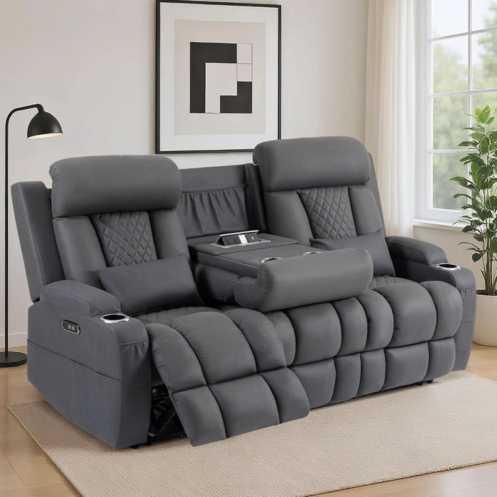 Wall Hugger Power Reclining Sofa with Manual Adjustable Headrest, 80" 3-Seater Couch with Flip-Down Table, Integrated Charging, USB & Type-C Ports, Cup Holders for Living Room, Home Theater, RV (Gray)