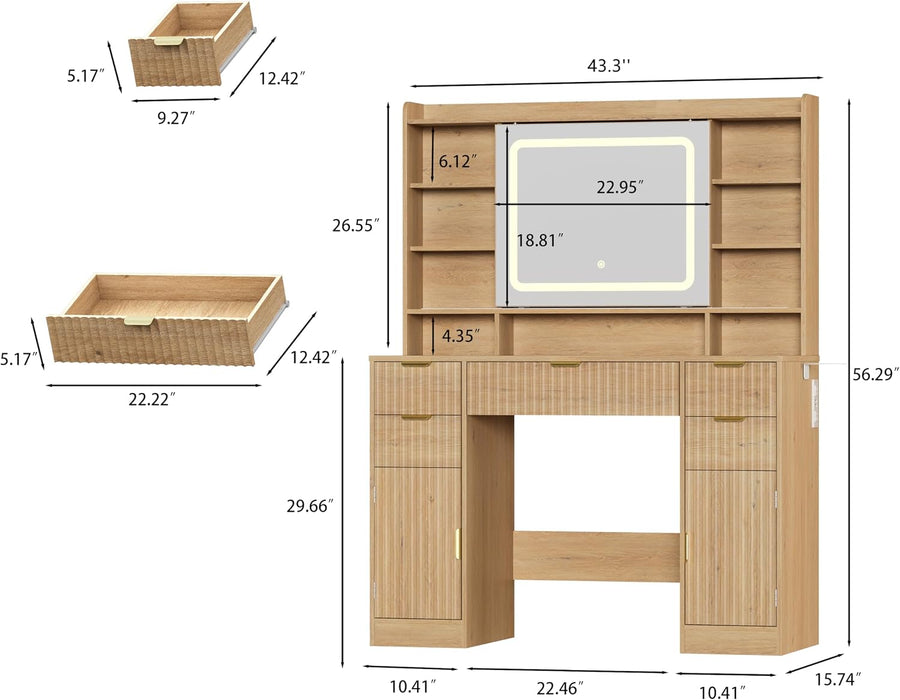 Makeup Vanity Desk with Mirror, Fluted Vanity with 5 Drawers and 2 Cabinets & Open Shelves and Power Outlet & Sliding Lighted Mirror and 3 Lighting Modes, Wood Dressing Table for Bedroom, Natural Oak