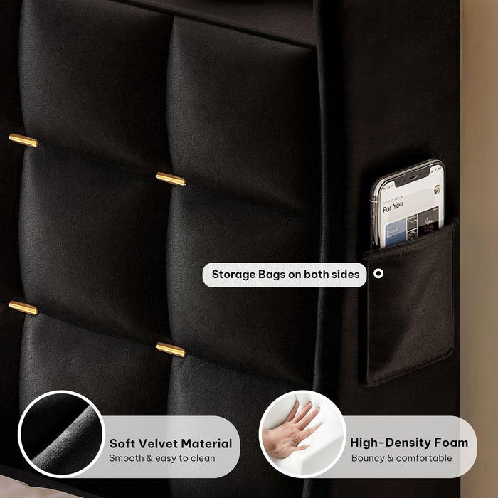 King Size Bed Frame with 3 Storage Drawers and RGB LED Lights, Velvet Upholstered Bed with Charging Station and Storage Headboard, No Box Spring Needed, Easy Assembly, Noise-Free, Black