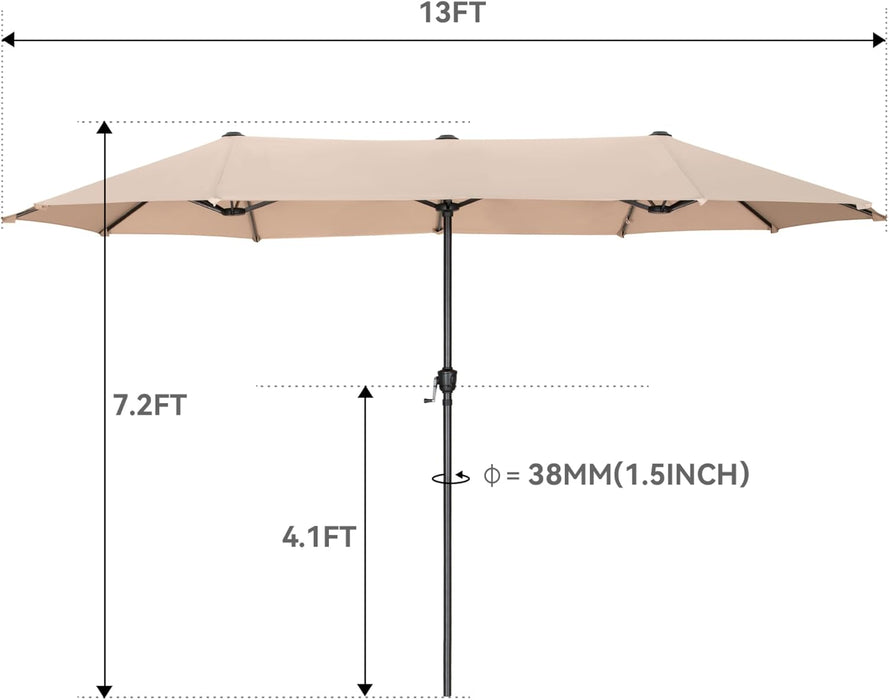 13Ft Rectangle Patio Umbrella, Double Sided Outdoor Table Umbrella with Crank & 1.5" Pole, Large Market Umbrella for Poolside Garden Deck Backyard, Beige