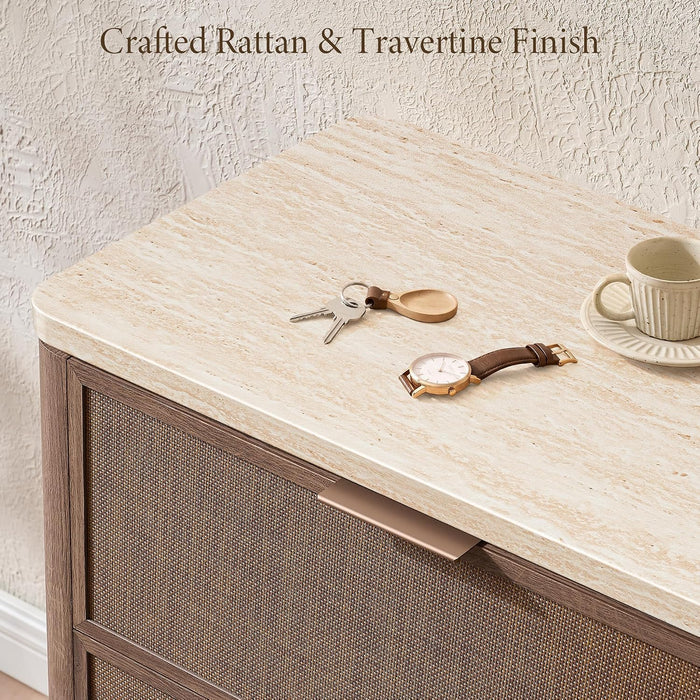 Rattan 9 Drawer Dresser for Bedroom, 63.1" Wide Modern Chest of Drawers with Faux Travertine Top, Solid Wooden Dresser TV Stand for Living Room, Nursery, Hallway, Dark Oak