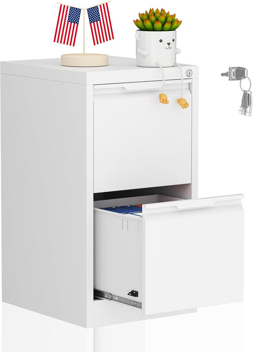 2 Drawer File Cabinet with Lock,Filing Cabinets for Home Office,Metal Small File Cabinet for Letters/Legal/A4 Size, Assembly Required,White 2 Drawer-15 W