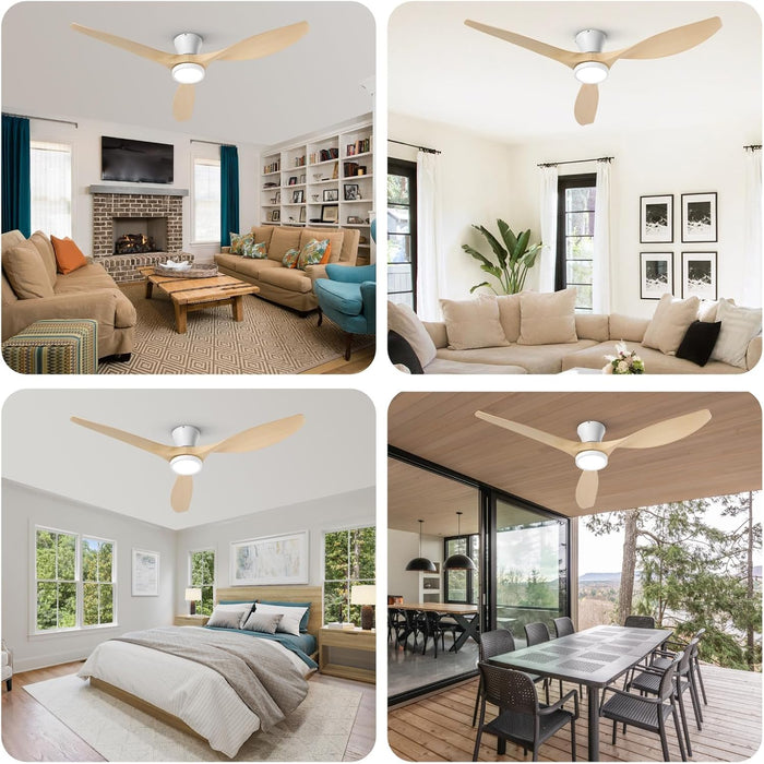 52 Inch Ceiling Fans with Lights and Remote, Flush Mount Low Profile Ceiling Fan with Reversible DC Motor ABS Blades for Bedroom Living Room Kitchen Light Oak Finish