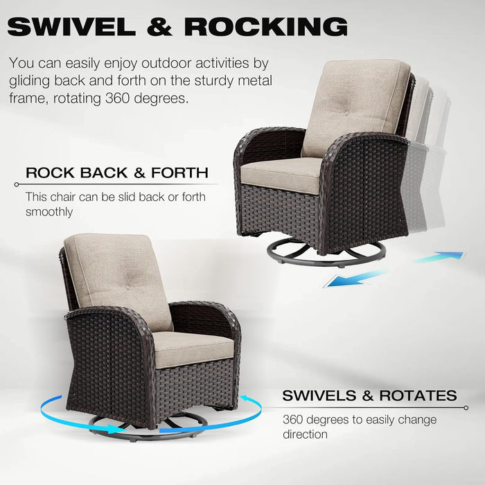 Outdoor Swivel Rocker Chairs, 3 Piece Wicker Patio Set with Thick Cushion and Side Table, Rattan Patio Swivel Rocking Chairs for Porch, Deck Use (Brown/Beige, 3 PCS)