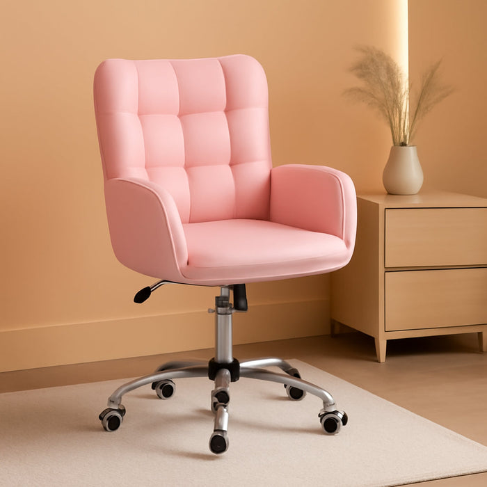 Faux Leather Office Chair Modern Vanity Chair Ergonomic Adjustable Makeup Chair with Padded Armrests Big Seat for Office, Study, Home, Pink