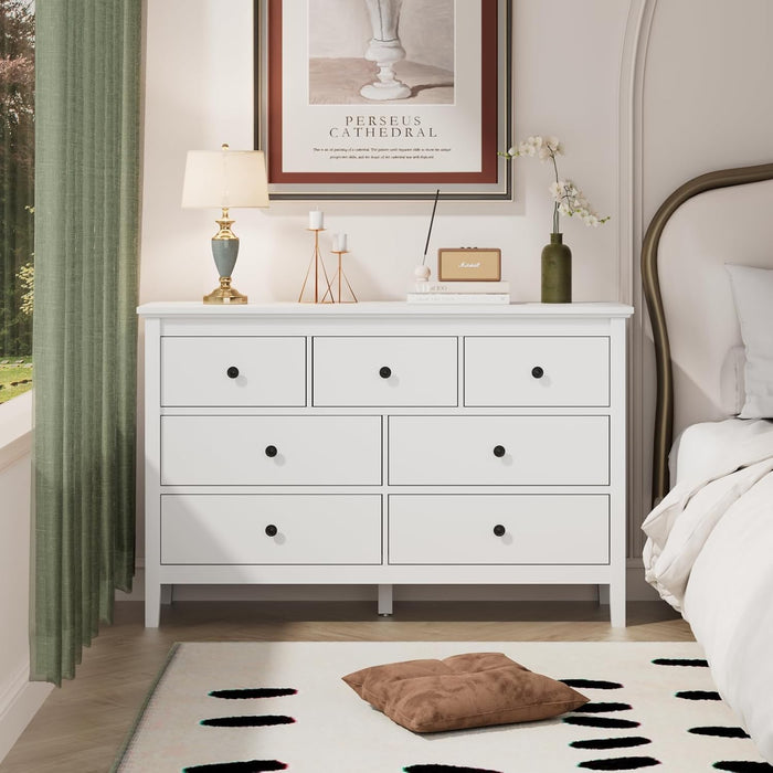 47" White Dresser for Bedroom with 7 Drawer & Metal Handles
