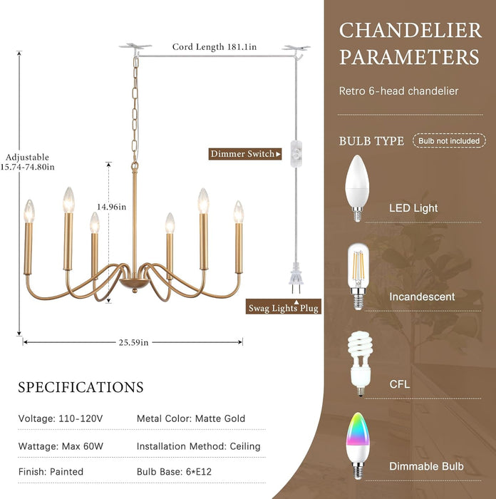 Six Light Gold Plated Chandelier IndustrialFarmhouseStyle