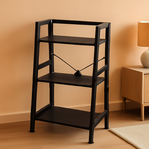 3-Tier Bookshelf, Ladder Shelf, Stand up Shelves, Industrial Bookcase with Steel Frame, Metal Small Bookcase, for Living Room, Home Office, Kitchen, Bedroom, Industrial Style（Black）
