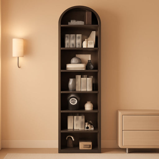 76" Tall Narrow Arched Bookcase,7-Teir Mid-Century Modern Bookshelf,Adjustable Shelves Offering More Storage Space for Living Room,Kitchen,Home Office,Walnut
