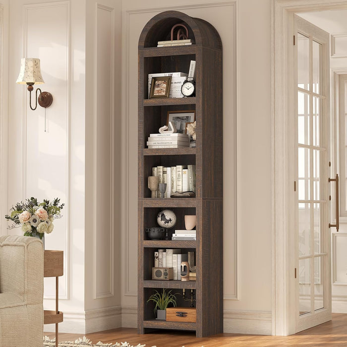 76" Tall Narrow Arched Bookcase,7-Teir Mid-Century Modern Bookshelf,Adjustable Shelves Offering More Storage Space for Living Room,Kitchen,Home Office,Walnut