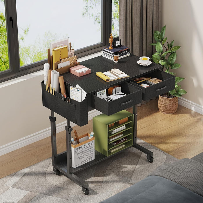 Rolling Standing Desk with Drawers, Small Mobile Desk on Wheels