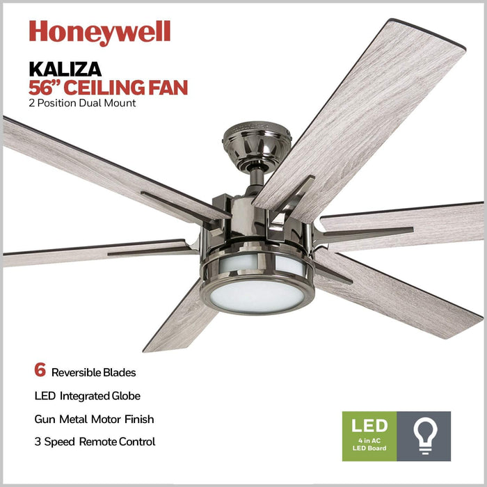 Ceiling Fans with Lights, Kaliza LED Indoor Fan W/ 6 Blades, 56 Inch, Gun Metal - Smart Remote-Controlled Fan with Quiet Motor for Home and Bedroom