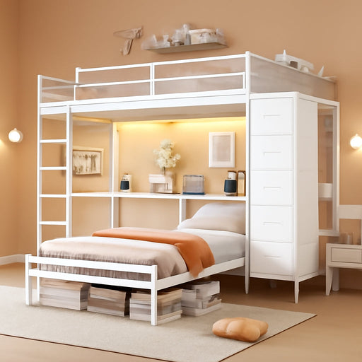 Bunk Bed Twin over Twin with Hall Tree, Charging Station and LED Lights, L-Shaped Bunk Bed with Desk, 5 Storage Drawers, Twin Bunk Beds with Guardrail & Stairs, No Box Spring Needed, White