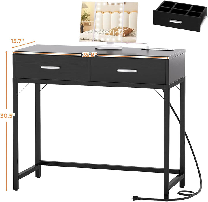 Vanity Desk with Mirror and Lights, 36'' Makeup Vanity Desk with Power Outlet, Small Vanities Set Dressing Table with Drawers for Bedroom, Black