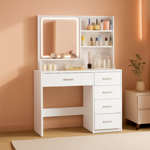 Makeup Vanity Desk with Liighted Mirror, Vanity Desk with 5 Drawers & Storage Shelves, Vanity Table, 3 Color Modes & Adjustable Brightness Dressing Table, Bedroom