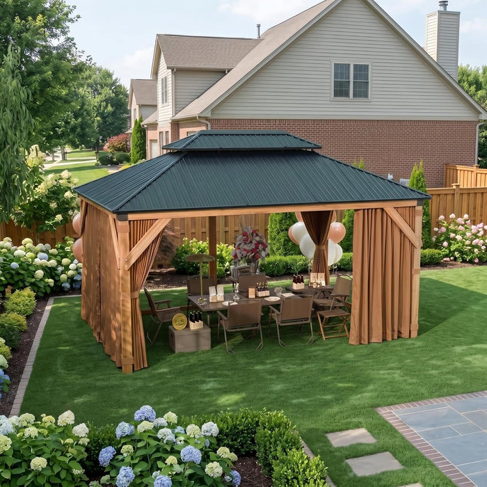 10'X12' Hardtop Wood Gazebo, Cedar Frame Outdoor Pavilion with Double Galvanized Steel Roof, Curtains and Netting Included, Ceiling Hook for Patio Backyard Deck Lawn Garden