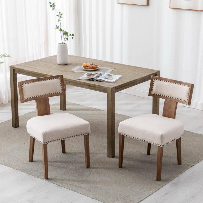 Mid Century Modern Dining Chairs Set of 4, Farmhouse Linen Upholstered Kitchen Dining Side Chairs with Nailhead Trim Curved Backrest, Armless Solid Wood Dining Chairs, Beige