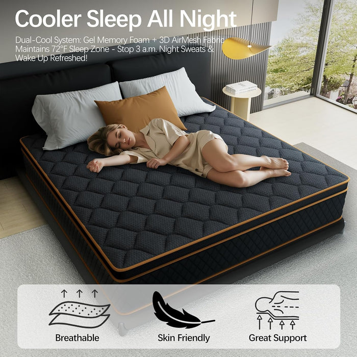 14 Inch King Size Mattress in a Box,Gel Hybrid Memory Foam Individually Wrapped Pocket Springs for Motion Isolation,Pressure Relief,Certipur-Us,Medium Firm-Black