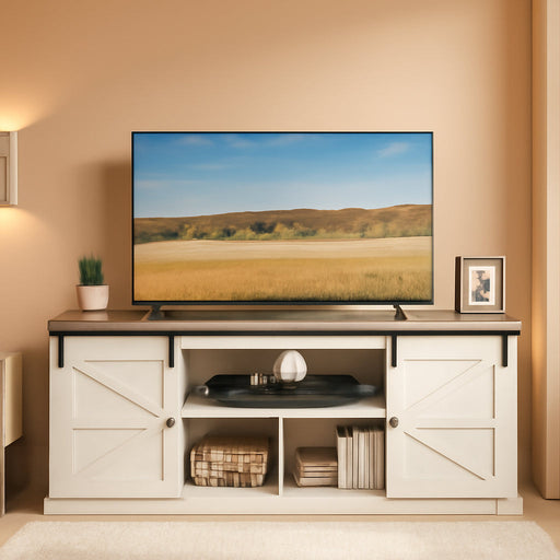 TV Stand for Tvs up to 65 Inches, Farmhouse Entertainment Center with Sliding Barn Doors, TV Console Table for Living Room, Rustic White and Honey Brown ULTV324W73