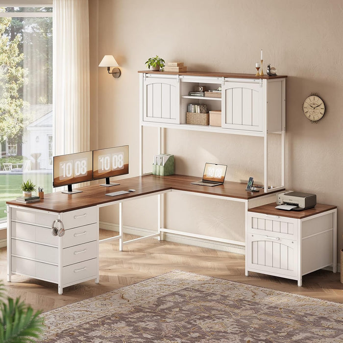 Farmhouse L Shaped Office Desk with 6 Drawer, Reversible Computer Desk with Power Outlet, Hutch for Home Office/Two Person, Corner Desk with File Drawer & Printer Storage Shelves, White