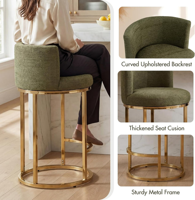 Counter Height Bar Stools Set of 2, Chenille Upholstered Barstools with Back, Modern Barrel Counter Stools for Kitchen Island with Gold Metal Frame, Green