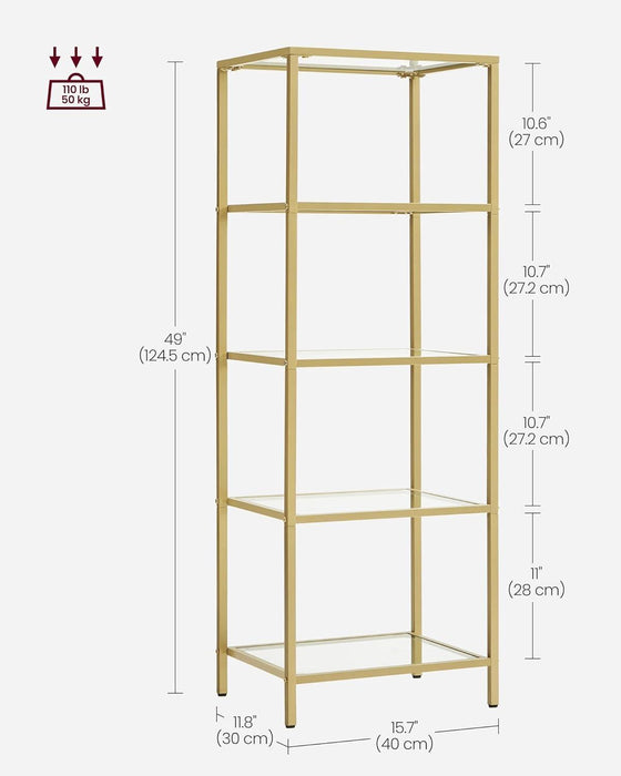 MetallicGold Finished Five Tier Tempered Glass Bookcase