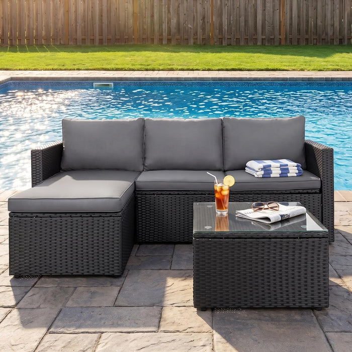 Patio Furniture Set with Detachable Soft Cushions, Outdoor PE Rattan Patio Conversation Sofa Set, 3-Piece Patio Sectional Sofa with Glass Coffee Table (Black Rattan&Charcoal)