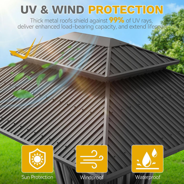 12X14Ft Hardtop Gazebo Double Roof with Nettings and Curtains, Heavy Duty Galvanized Steel Outdoor Roof for Patio, Backyard, Deck, Lawns, Gray