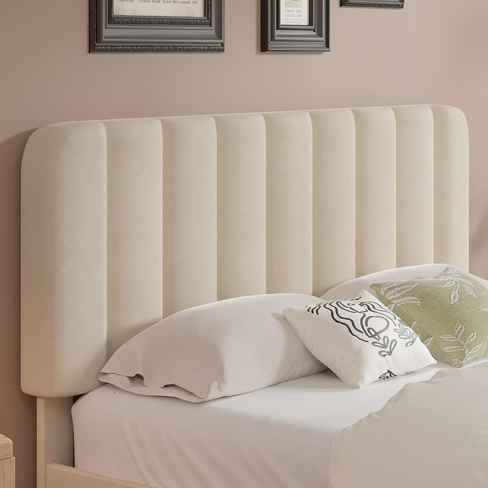 Full Size Bed Frame with Upholstered Headboard, Velvet Platform Bedframe Mattress Foundation, Strong Wood Slat Support, No Box Spring Needed,Bone Beige
