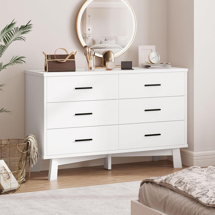 Dresser for Bedroom, 6 Drawer Wide Modern Chest of Drawers with X-Shaped Sturdy Base, Wood Double Dresser Closet Clothes Storage Organizer, Wooden TV Stand for Living Room, Hallway, White