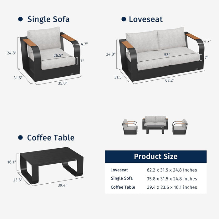 Signature 4 Pieces Patio Furniture Set, Outdoor Furniture with Aluminum Frame, Deep Seating Outdoor Loveseat and Coffee Table, Modern Patio Conversation Set for Porch and Balcony, Dark Grey