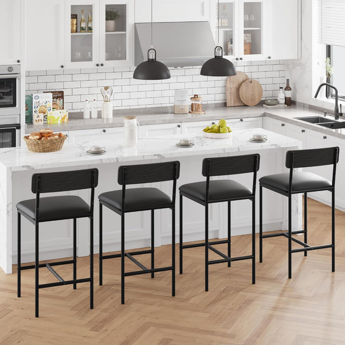 Bar Stools Set of 4, Kitchen Counter Height Chairs, 25.5 Inches Upholstered Black Barstools with Back, Bar Height Chairs for Counter Bar, Island, Easy Assembly