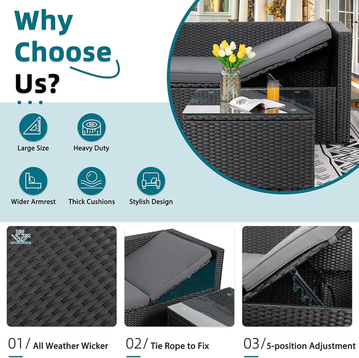 Patio Furniture Set with Detachable Soft Cushions, Outdoor PE Rattan Patio Conversation Sofa Set, 3-Piece Patio Sectional Sofa with Glass Coffee Table (Black Rattan&Charcoal)