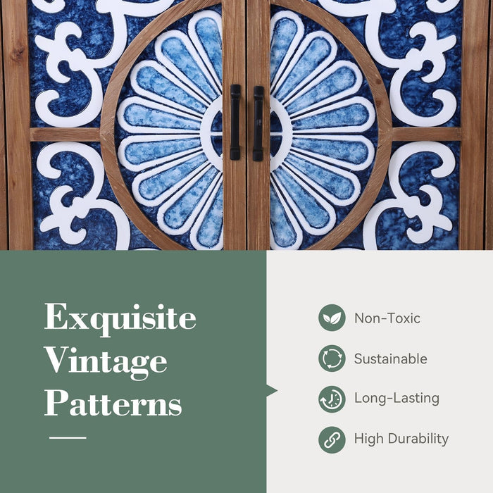 Accent Storage Cabinet with 2 Doors, Wood Distressed Porcelain Front Buffet Sideboard Storage Cabinets Display Cabinet for Living Room Entryway Kitchen, Wood and Blue