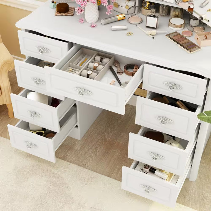 White Makeup Vanity Table Dressing Desk W/3-Mirrors,Led Lighted, 9-Drawers, Hidden Storage Shelves, Carved Metal Handles