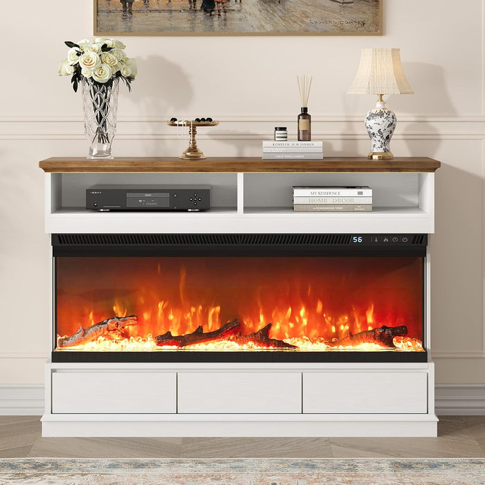 Fireplace TV Stand with 50" Electric Fireplace, Fireplace Entertainment Center with 3-Side Glass Insert, 3 Drawers, TV Stands for Living Room, White