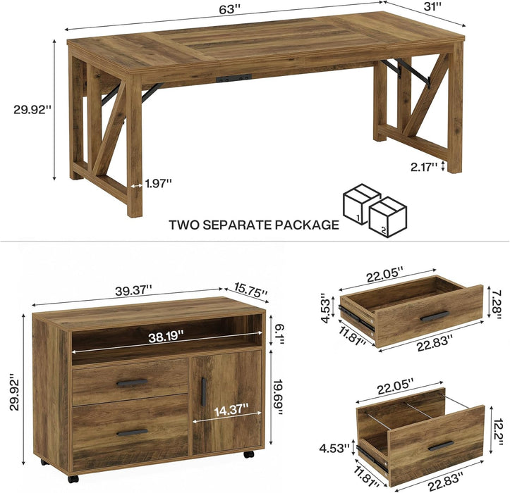 63" L Shaped Executive Desk & 39" File Cabinet Set, Corner Computer Desk with Ample Storage, Large Industrial Retro Office Desk with Drawers & Shelves, for Home & Business, Rustic Brown