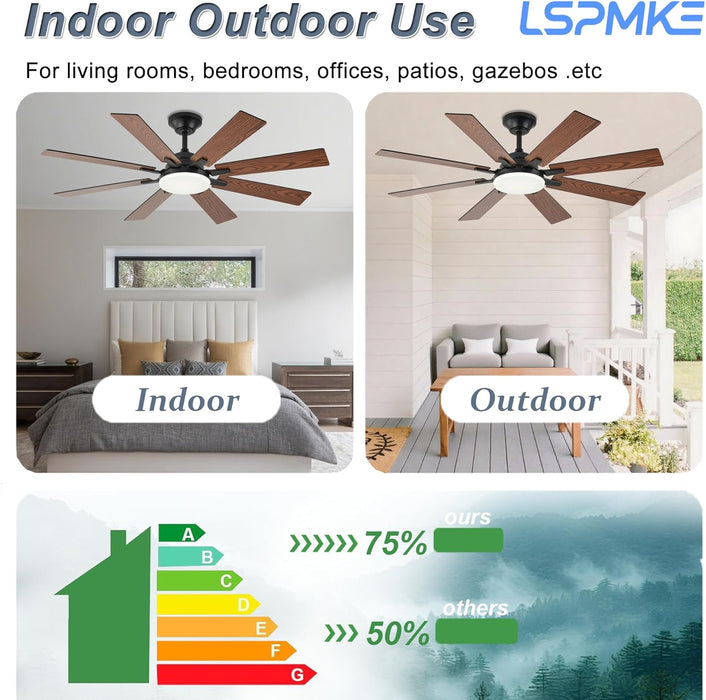 52 Inch Ceiling Fans with Lights, Brown Ceiling Fan with Light and Remote Control, Reversible DC Motor, 3CCT, Dimmable, Timer, Noiseless, Ceiling Fan for Bedroom Living Room, Indoor/Outdoor Use