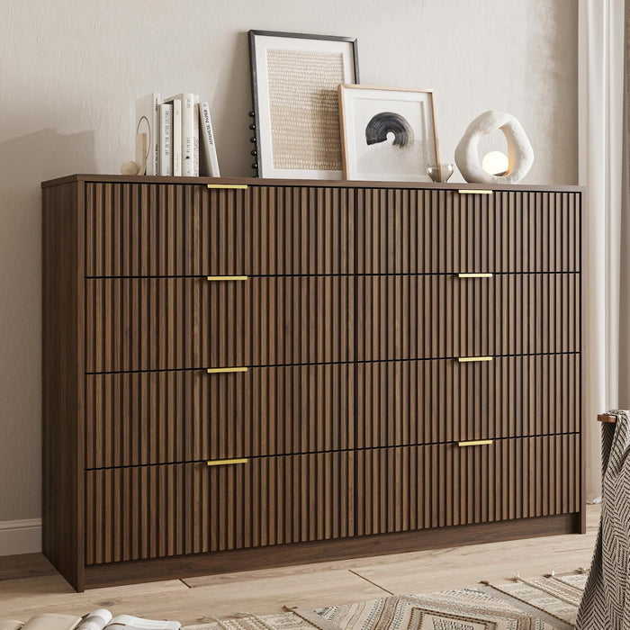 55" Wide Fluted 8-Drawer Double Dresser for Bedroom, Walnut