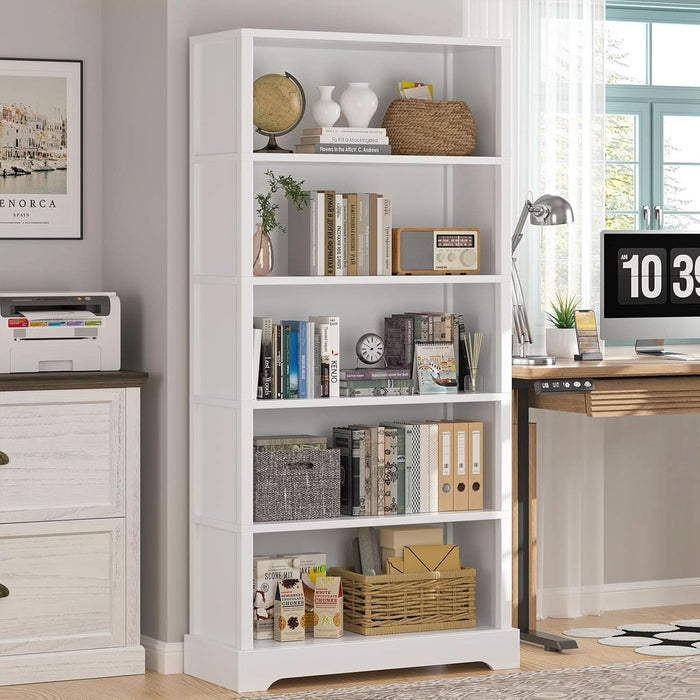 5-Tier Wooden Book Shelf, 65"H × 31.5"W × 9.9“D Bookshelf with Storage, Floor-Standing Display Bookcase, Farmhouse Style Bookshelf with Arched Base, Suitable for Living Room, Study, Office, White