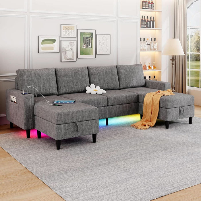 Sectional Couches for Living Room, 4 Seat Linen Sectional Sofa with Reversible Chaise Lounge/Storage Ottoman, U Shaped Couch with Smart Module-Wireless Charging/Usb/Type-C/Rgb Light (Light Grey)