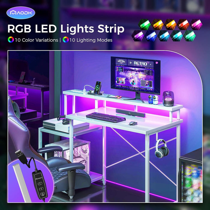 Computer Desk, 48 Inch Gaming Desk with Led Lights & Power Outlet, Office Desk with Printer Storage Shelves, Reversible Desk with Monitor Shelf & Headphone Hook, White