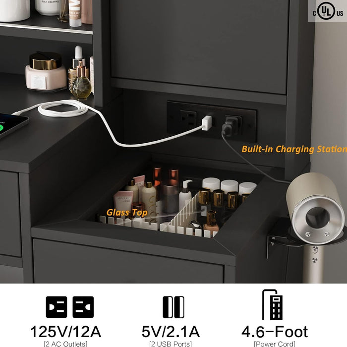 Vanity Desk with Mirror and Lights, Vanity Table Makeup Vanity with Lights 3 Drawers and Cabinets, Charging Station & Sliding Door, Lots Storage Shelves